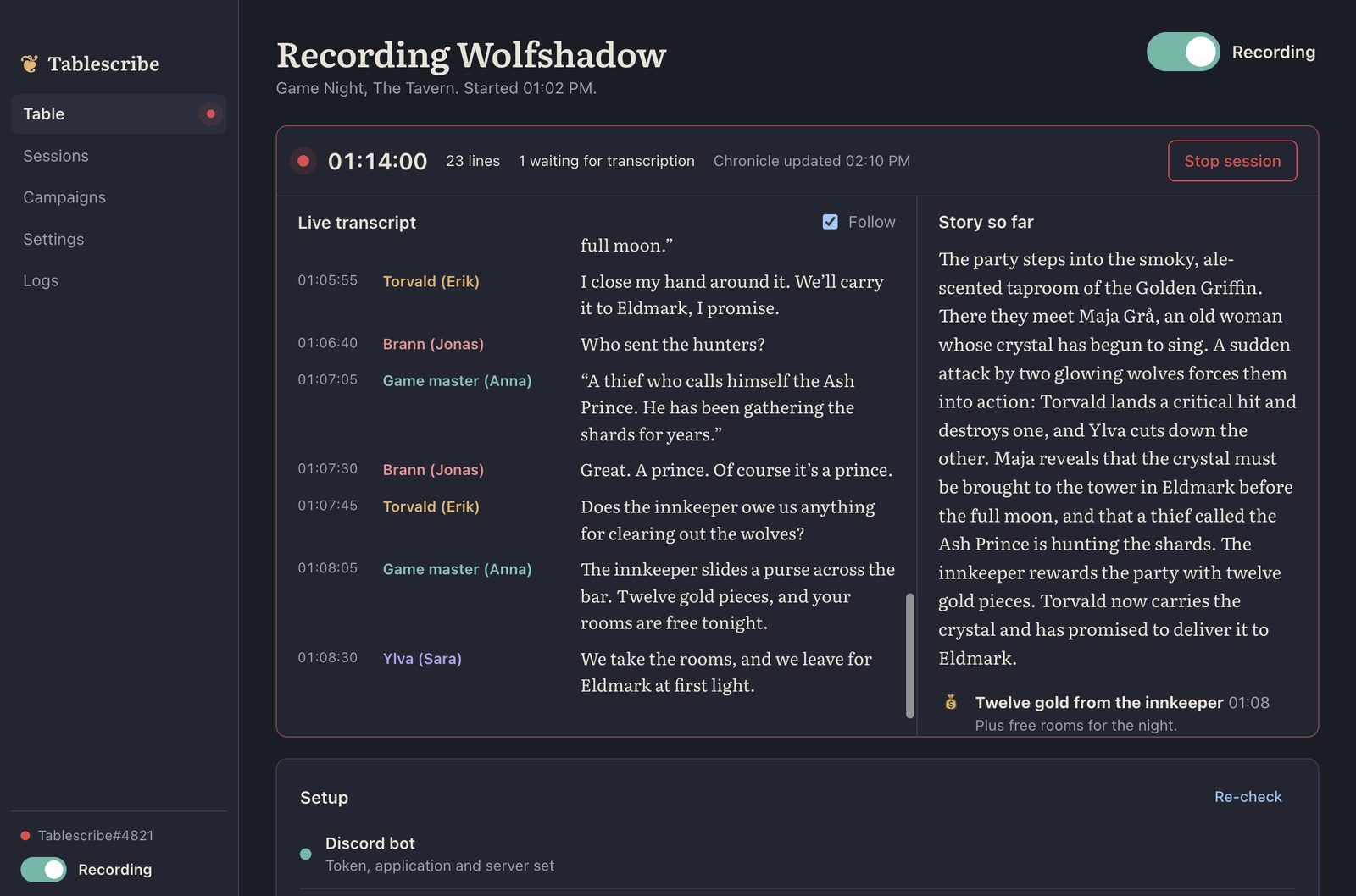 TableScribe recording a session: a live transcript with each line labelled by character and player, and the story so far beside it