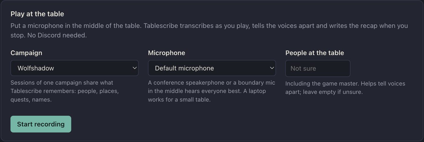 The Play at the table panel: campaign, microphone and number of people, with a Start recording button