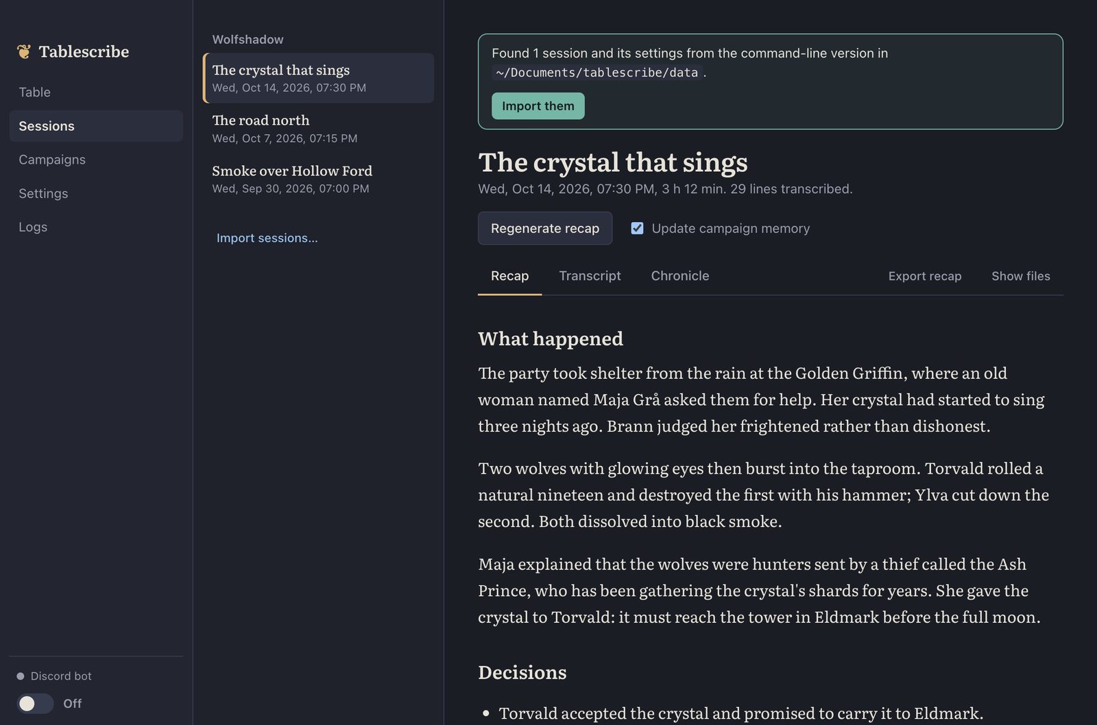 The recap of The crystal that sings in TableScribe, opening with what happened at the Golden Griffin