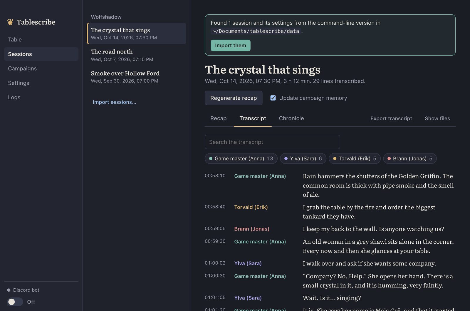 The transcript of a session: searchable, with chips for each speaker and one colour per speaker
